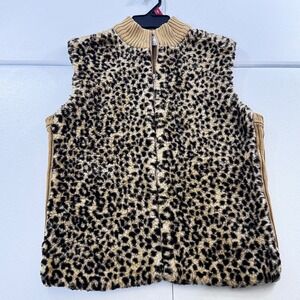 Kathie Lee Collection Women's Small Cheetah Print Fur Knit Zip Vest Cozy Warm